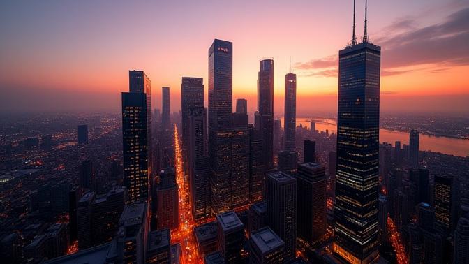 A vibrant city skyline at sunset, with modern buildings and a busy street, symbolizing the dynamic real estate market.